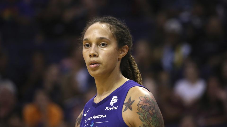 Phoenix Mercury center Brittney Griner pauses on the court during the second half of a WNBA basketball game against the Seattle Storm Tuesday, Sept. 3, 2019, in Phoenix. The Storm defeated the Mercury 82-70. (AP Photo/Ross D. Franklin)