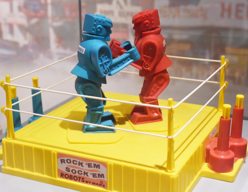 A set of Rock'Em Sock'Em Robots, by Marx Toys, is displayed at the Hagen History Center in Erie.