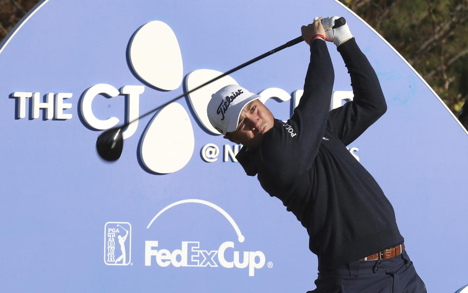 Justin Thomas of the United States watches his shot on the 10th hole during the first round of the CJ Cup PGA golf tournament at Nine Bridges on Jeju Island, South Korea, Thursday, Oct. 18, 2018. (Park Ji-ho/Yonhap via AP)