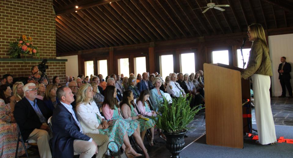 First Lady of Virginia Suzanne S. Youngkin spoke on "Strengthening the Spirit of Virginia's Women and Girls" at the Flowerdew Pavilion at historic Flowerdew Hundred, a stop on the Petersburg-Prince George Historic Garden Week tour on Tuesday, April 18, 2023.