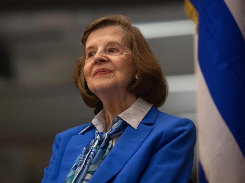 Arnhilda Badía, author of “Cuban American Women: Making History”, smiles during a panel discussion about the book with women featured in it on Thursday, Jan. 25, 2024, at Otto G. Richter Library at the University of Miami in Coral Gables.