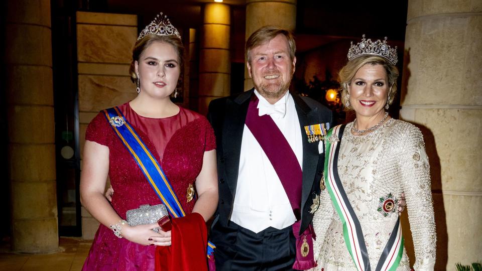 Queen Maxima, King Willem-Alexander and Princess Amalia pictured ahead of the state banquet for Prince Hussein and Princess Rajwa's wedding