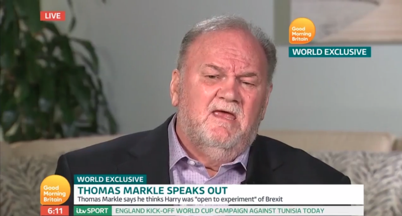 Thomas Markle said he was ‘jealous’ of Prince Charles walking his daughter up the aisle. Photo: ITV/Good Morning Britain