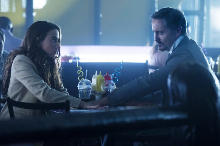 Julia (Stella Maeve) and The Beast formalize their deal (Credit: Carole Segal/Syfy)