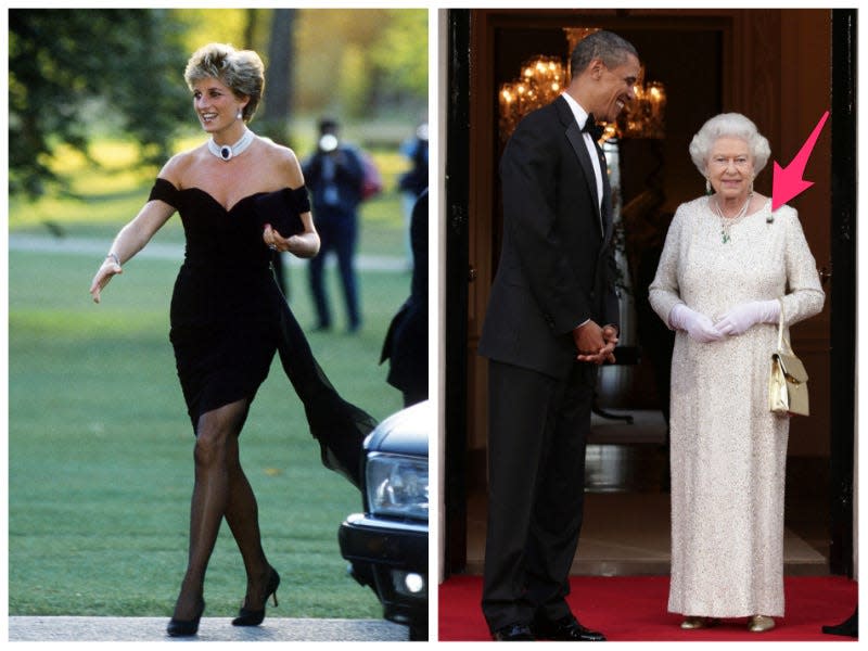 Left: Princess Diana in her "revenge dress." Right: Queen Elizabeth wears a brooch gifted to her by the Obamas.