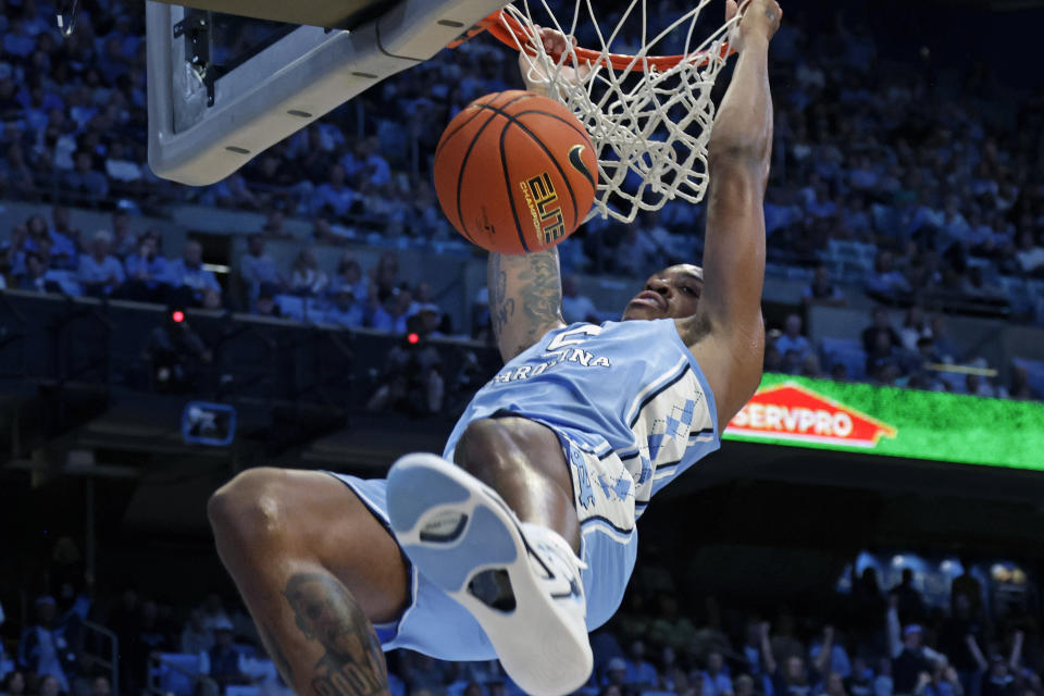 North Carolina forward Armando Bacot (5) dunks against UC Riverside during the first half of an NCAA college basketball game Friday, Nov. 17, 2023, in Chapel Hill, N.C. (AP Photo/Chris Seward)