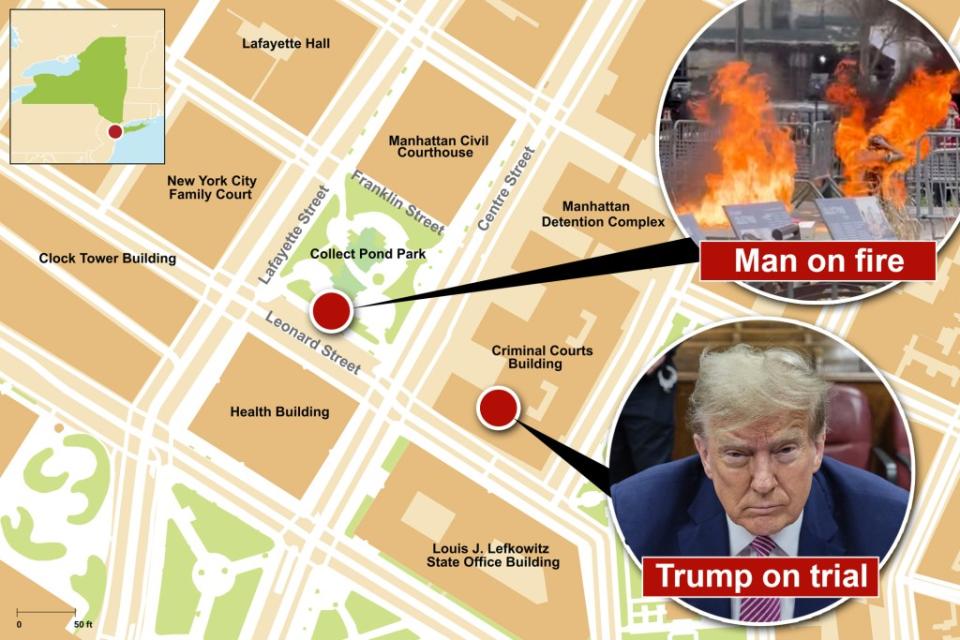 Map of where Max Azzarello set himself on fire during Donald Trump’s hush money trial.