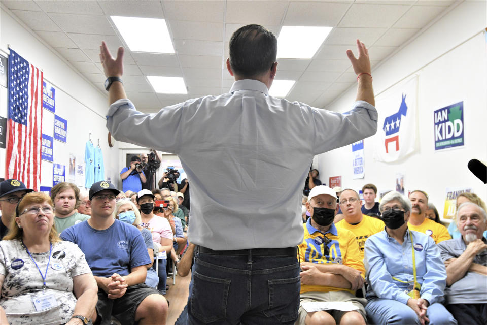 Josh Shapiro, Pennsylvania's Democratic nominee for governor, speaks to the crowd at a campaign event at Franklin County Democratic Party headquarters, Sept. 17, 2022, in Chambersburg, Pa. (AP Photo/Marc Levy)