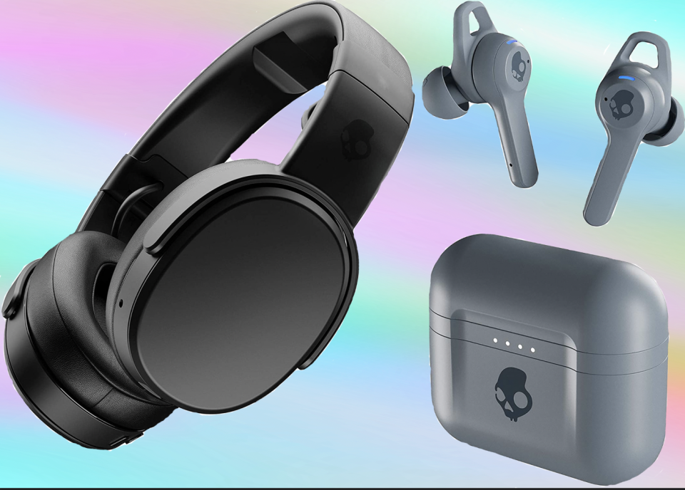 Skullcandy headphones and earbuds against a rainbow background