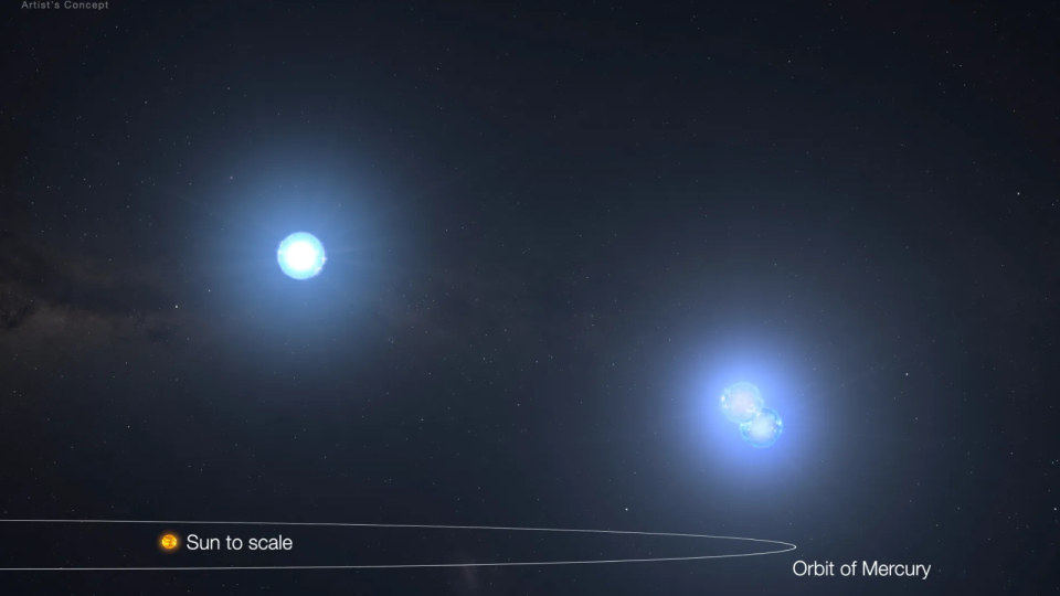   Tres orbes azules brillantes, dos de los cuales están muy cerca. 