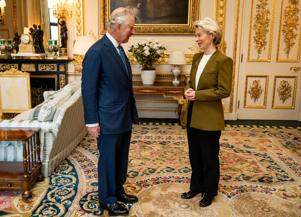 King Charles III receives European Commission President Ursula von der Leyen during an audience at Windsor Castle, Berkshire. Picture date: Monday February 27, 2023. Aaron Chown/Pool via REUTERS