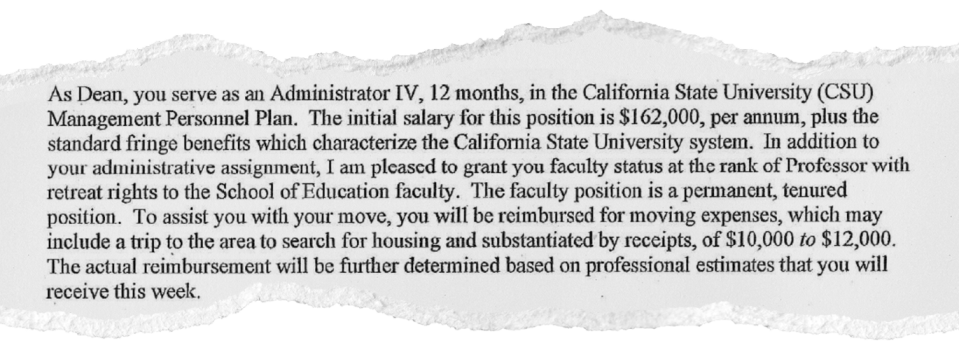 John Lee's offer letter promised him a job as a tenured professor if he ever left his post as dean. The letter contained no caveats saying what would happen to his retreat rights in the event he violated school policies.