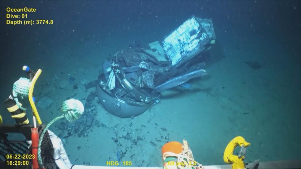 ROV captures destroyed Titan Submersible on ocean floor. 