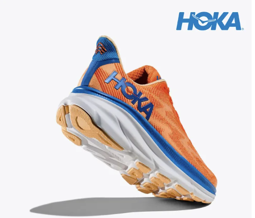 Hoka Men Clifton 9 Wide Running shoes in blue and orange.