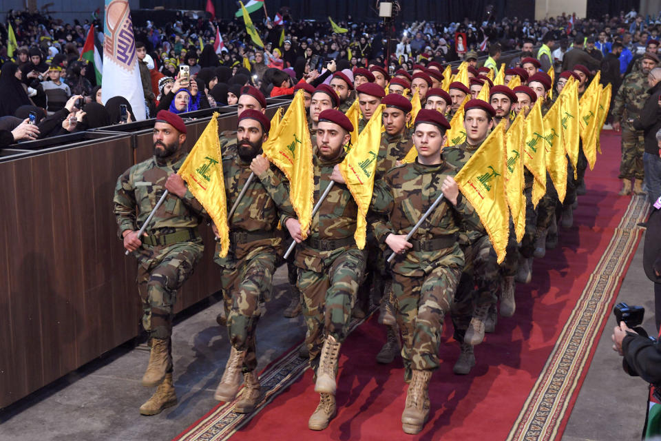 Hezbollah soldiers in Beirut, Lebanon (Houssam Shbaro / Anadolu Agency via Getty Images file )