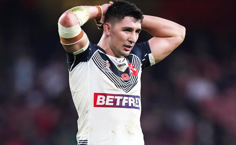 Victor Radley, pictured here after England's loss to Samoa at the Rugby League World Cup.