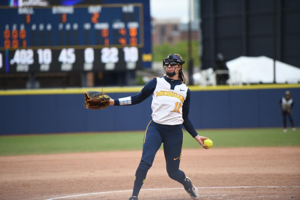 Michigan pitcher Meghan Beaubien throws during the NCAA regional game against James Madison on Monday, May, 20, 2019, in Ann Arbor.