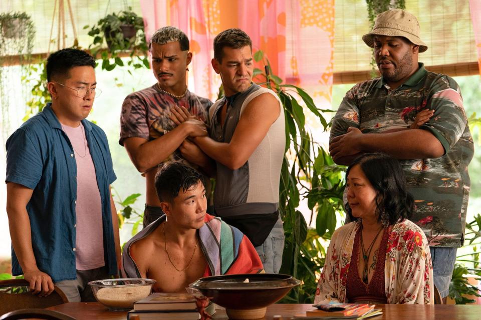 (From left to right) Bowen Yang, Joel Kim Booster, Tomás Matos, Matt Rogers, Margaret Cho, and Torian Miller in 'Fire Island'
