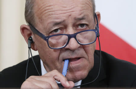 FILE PHOTO: French Foreign Minister Jean-Yves Le Drian attends a news conference following the talks with his Russian counterpart Sergei Lavrov in Moscow, Russia September 8, 2017. REUTERS/Maxim Shemetov