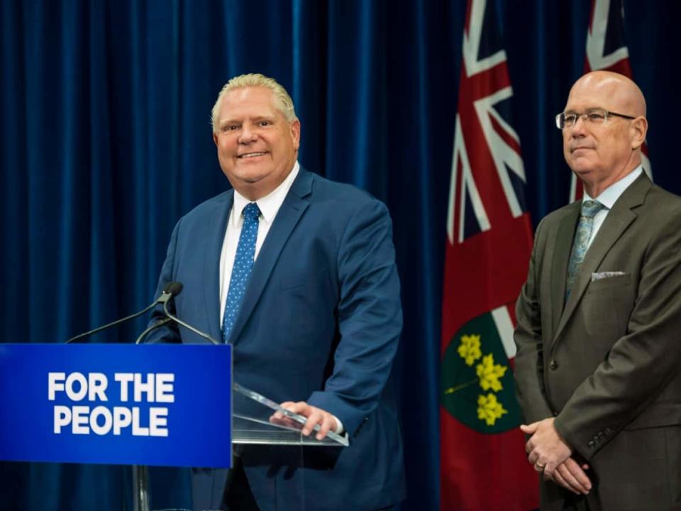 Premier Doug Ford, left, and his Minister of Municipal Affairs and Housing, Steve Clark, say Ontario's cities must speed up approvals for new housing developments as a means of boosting the supply of homes.  (Christopher Katsarov/The Canadian Press - image credit)