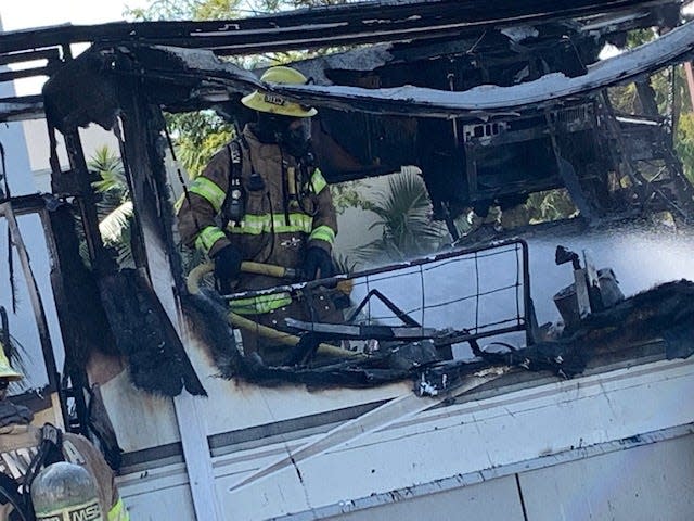 This was the aftermath of a fire in a recreational vehicle that killed one person and sent another to the hospital in Ventura on Thursday morning.