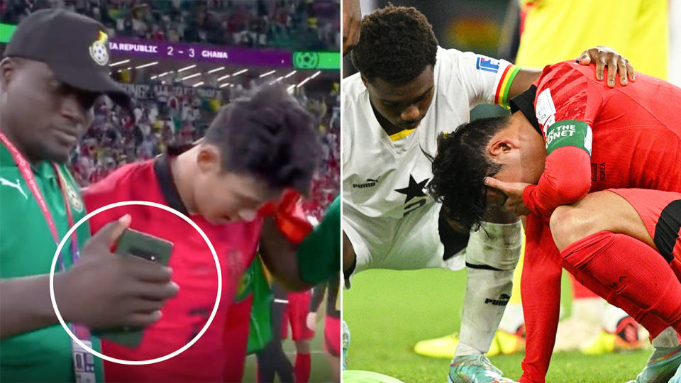 Pictured left, a Ghana official tries to take a selfie with shattered South Korean captain Son Heung-min.