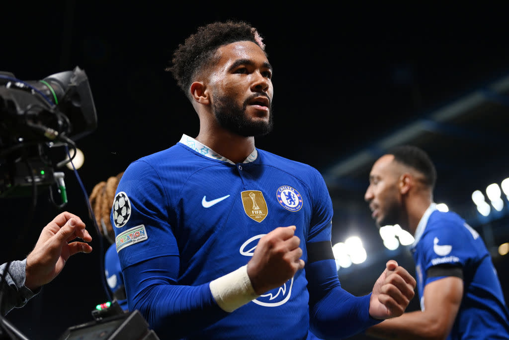  Chelsea star Reece James celebrates after scoring their sides third goal during the UEFA Champions League group E match between Chelsea FC and AC Milan at Stamford Bridge on October 05, 2022 in London, England. 