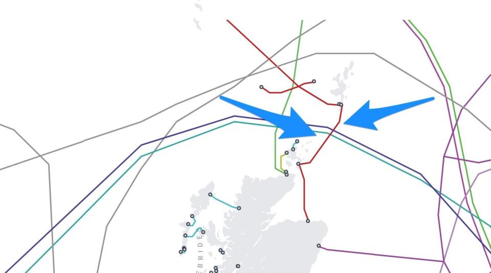 A map that shows the undersea cables that connect to the Shetland Islands.