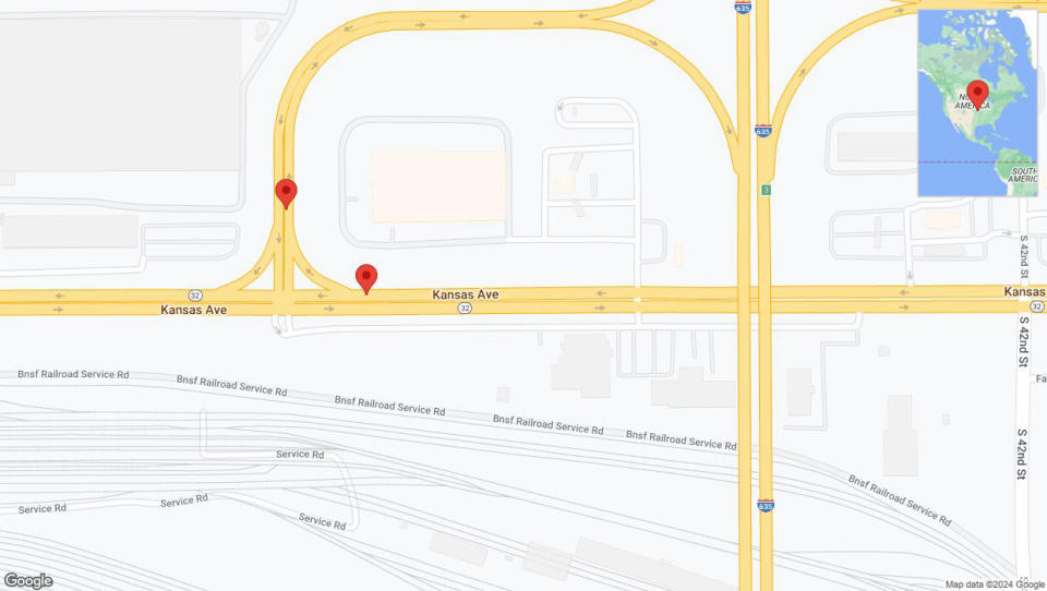 A detailed map that shows the affected road due to 'Kansas Avenue closed in Kansas City' on June 1st at 12:50 p.m.