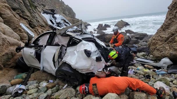 FILE PHOTO: In this photo provided by the San Mateo County Sheriff's Office, emergency personnel respond to a vehicle over the side of Highway 1 in Southern California's San Mateo County on Jan. 2, 2023. (Sgt. Brian Moore/San Mateo County Sheriff's Office via AP, File)