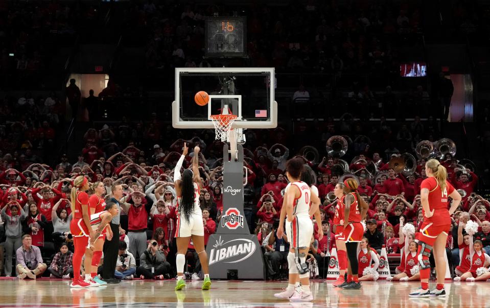 Feb. 25, 2024; Columbus, Ohio, USA; 
Ohio State Buckeyes forward Cotie McMahon (32) shoots a free throw during the second quarter of an NCAA Division I basketball game against the Maryland Terrapins at Value City Arena on Sunday.