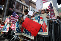 <p>Participants hold signs and listen to guest speakers at the “I am a Muslim too” rally at Times Square in New York City on Feb. 19, 2017. (Gordon Donovan/Yahoo News) </p>