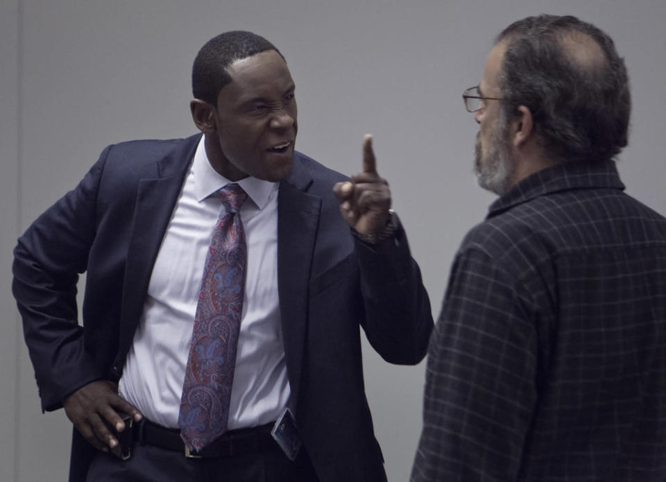 David Harewood as David Estes and Mandy Patink as Saul Berenson in the "Homeland" Season 2 episode, "Broken Hearts."