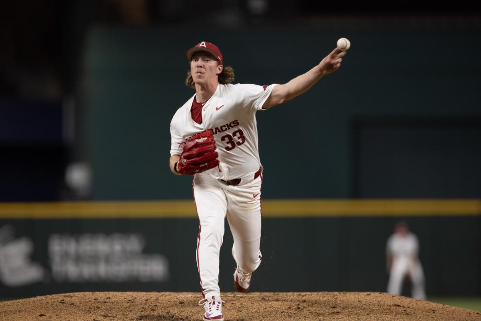 Feb 23, 2024; Arlington, TX, USA; The Arkansas Razorbacks plays against the Oregon State Beavers during the Kubota College Baseball Series - Weekend 2 at Globe Life Field. Mandatory Credit: Brett Patzke-USA TODAY Sports