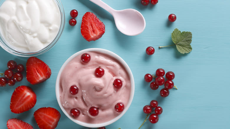 Homemade yogurt with strawberries and cranberries