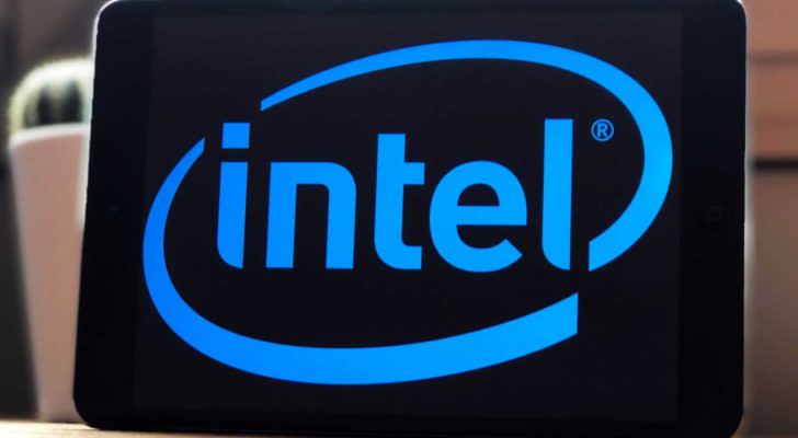 The Intel (INTC) logo in blue on a black screen.