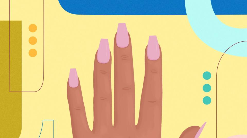 Illustration of a hand with pink coffin nails against a yellow background