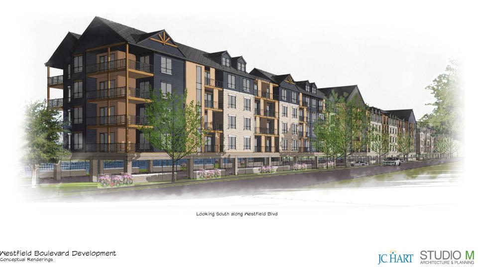 The picture depicts a rendering of the Westfield Boulevard Development planned for the Willows site redevelopment. A joint venture between multi-family developer J.C. Hart Company, Chase Development, and property owner Jack Bayt aims to transform the 21. 44 acre-site from an event center to a multifamily residential development.