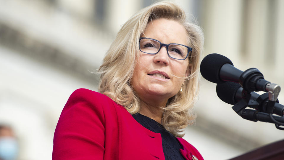 Then-Republican Conference Chair Liz Cheney speaks during an event on the House steps of the Capitol in 2020. 