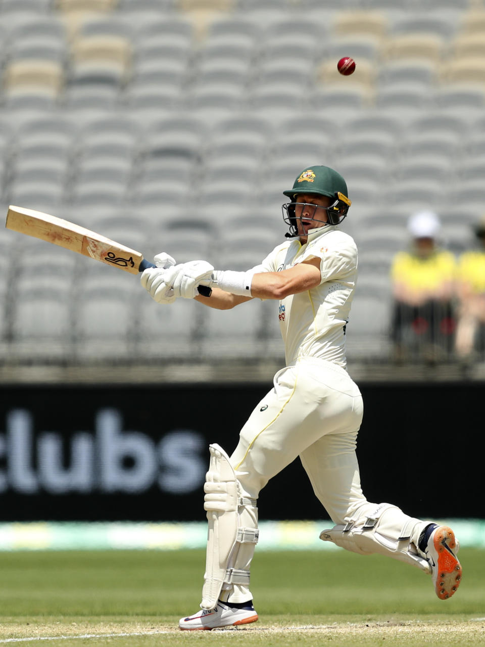 Australia's Marnus Labuschagne bats agains the West Indies on the 3rd day of their cricket test in Perth, Australia, Saturday, Dec. 3, 2022. (AP Photo/Gary Day)