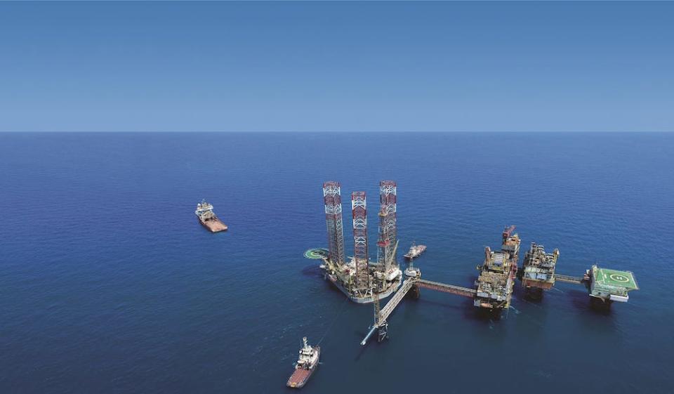 An aerial view of an offshore platform operated by Romanian energy company OMV Petrom in the Black Sea.