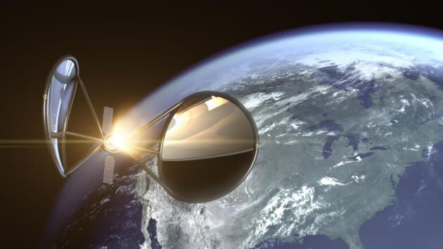 An artist’s conception shows Portal’s Supernova satellite bus in orbit, using a propulsion system that focuses sunlight on a heat exchanger to produce thrust. (Portal Space Systems Illustration)