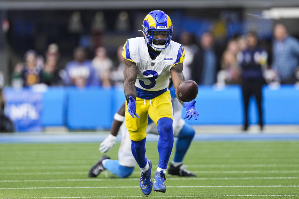 Los Angeles Rams running back Cam Akers (3) loses control of the ball during the first half of an NFL football game against the Los Angeles Chargers Sunday, Jan. 1, 2023, in Inglewood, Calif. (AP Photo/Mark J. Terrill)