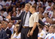 May 24, 2016; Oklahoma City, OK, USA; Golden State Warriors head coach Steve Kerr speaks to an NBA official about a call in action against the Oklahoma City Thunder during the third quarter in game four of the Western conference finals of the NBA Playoffs at Chesapeake Energy Arena. Mandatory Credit: Mark D. Smith-USA TODAY Sports