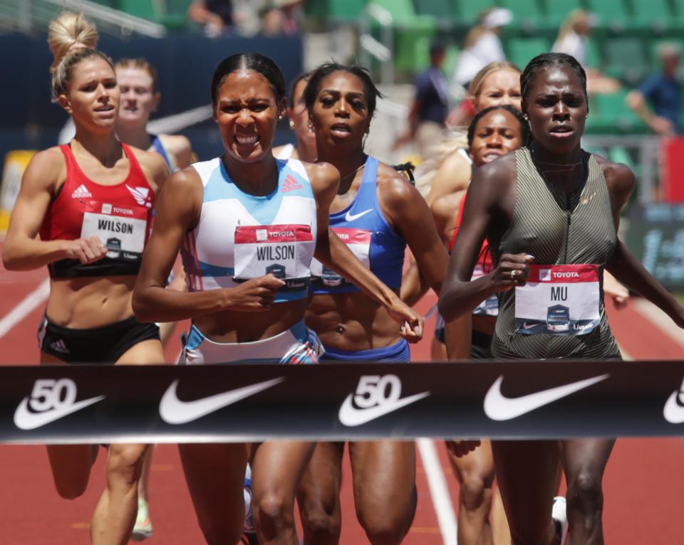 Athing Mu, right, wins a close women's 800 meters ahead of Ajee Wilson, left, and Raevyn Rogers  on the final day of the USA Track and Field Championships 2022 at Hayward Field in Eugene Sunday June 26, 2022.