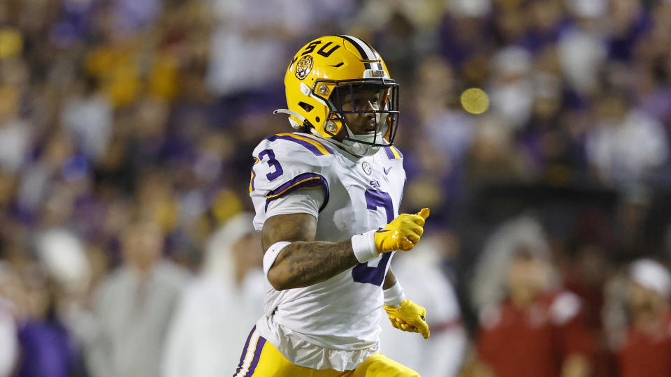LSU safety Greg Brooks Jr. (3) during the first half of an NCAA college football game against Alabama in Baton Rouge, La., Saturday, Nov. 5, 2022. (AP Photo/Tyler Kaufman)