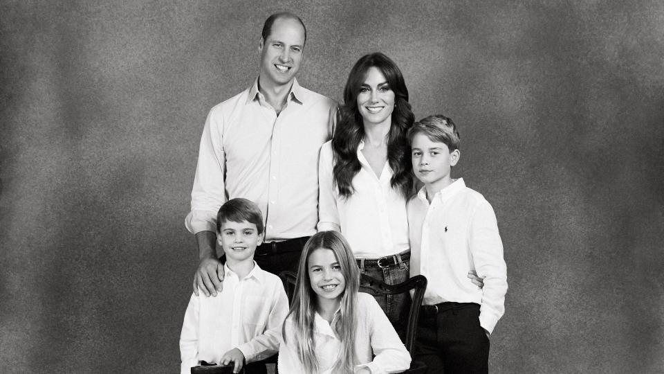 Black and white portrait of the Prince and Princess of Wales and their children for their 2023 Christmas card photo