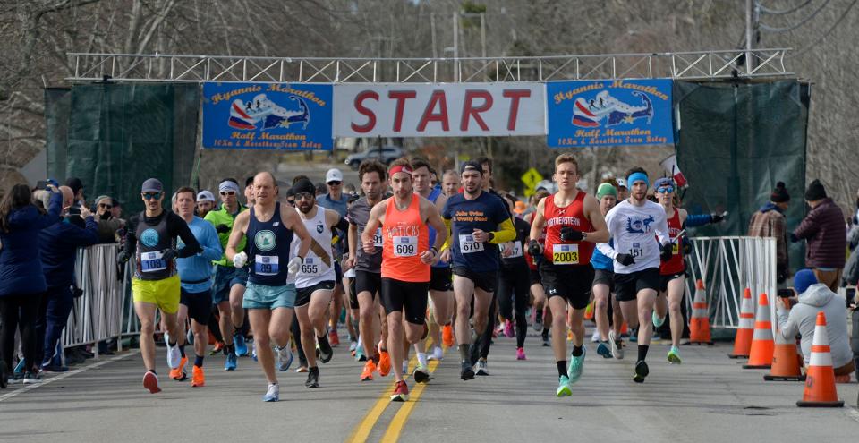 Runners take off from the start line of the Hyannis Marathon during last year's race.