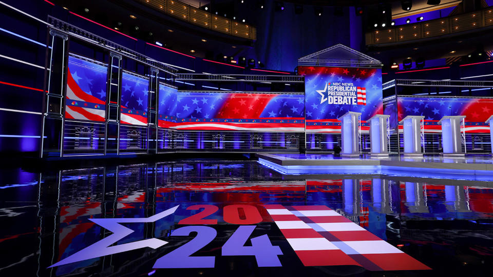 The stage is prepared for the third Republican Presidential Primary Debate at the Adrienne Arsht Center for the Performing Arts of Miami-Dade County on November 07, 2023 in Miami, Florida.