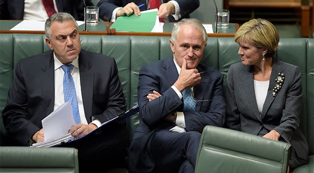 Treasurer and Abbott loyalist Joe Hockey watches on as Prime Minister Malcolm Turnbull and Deputy Prime Minister Julie Bishop speak to each other in parliament this week. Photo: AAP